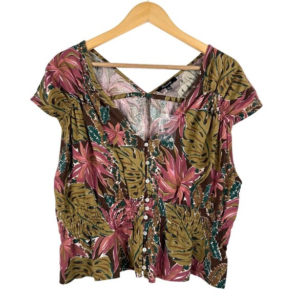 Madewell Shirred Cap-Sleeve Top in Brushstroke Monstera linen floral sz‎ XL - Picture 2 of 8